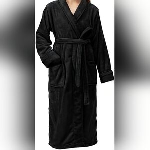 NY Threads Women's Black Super Soft Plush Long Robe Bathrobe L/XL